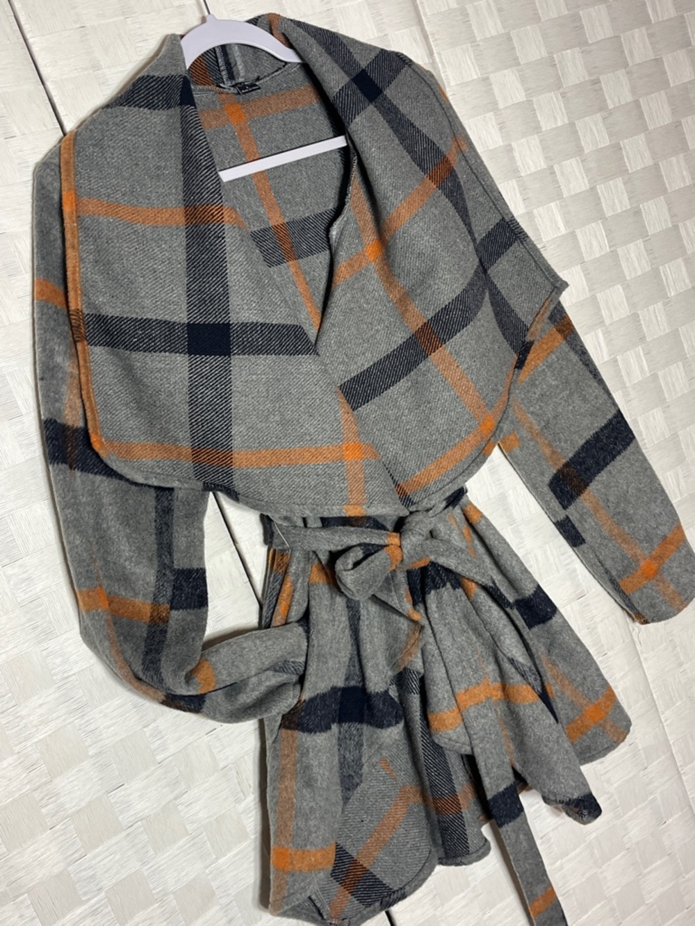 Fashion Nova Gray Plaid Belted Pea Coat Orange Black Accents Eye Catching